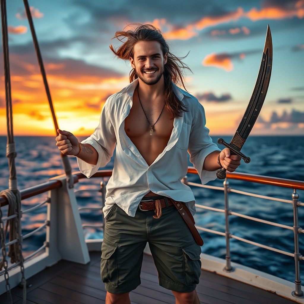 A charismatic and pretty pirate man standing confidently on the deck of a ship, wearing an open white shirt that flutters in the wind, revealing a hint of his toned physique