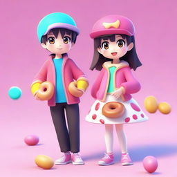 A 3D anime image depicting a cool boy and cute girl, both dressed in vibrant costumes inspired by the shape and colors of a delicious donut.