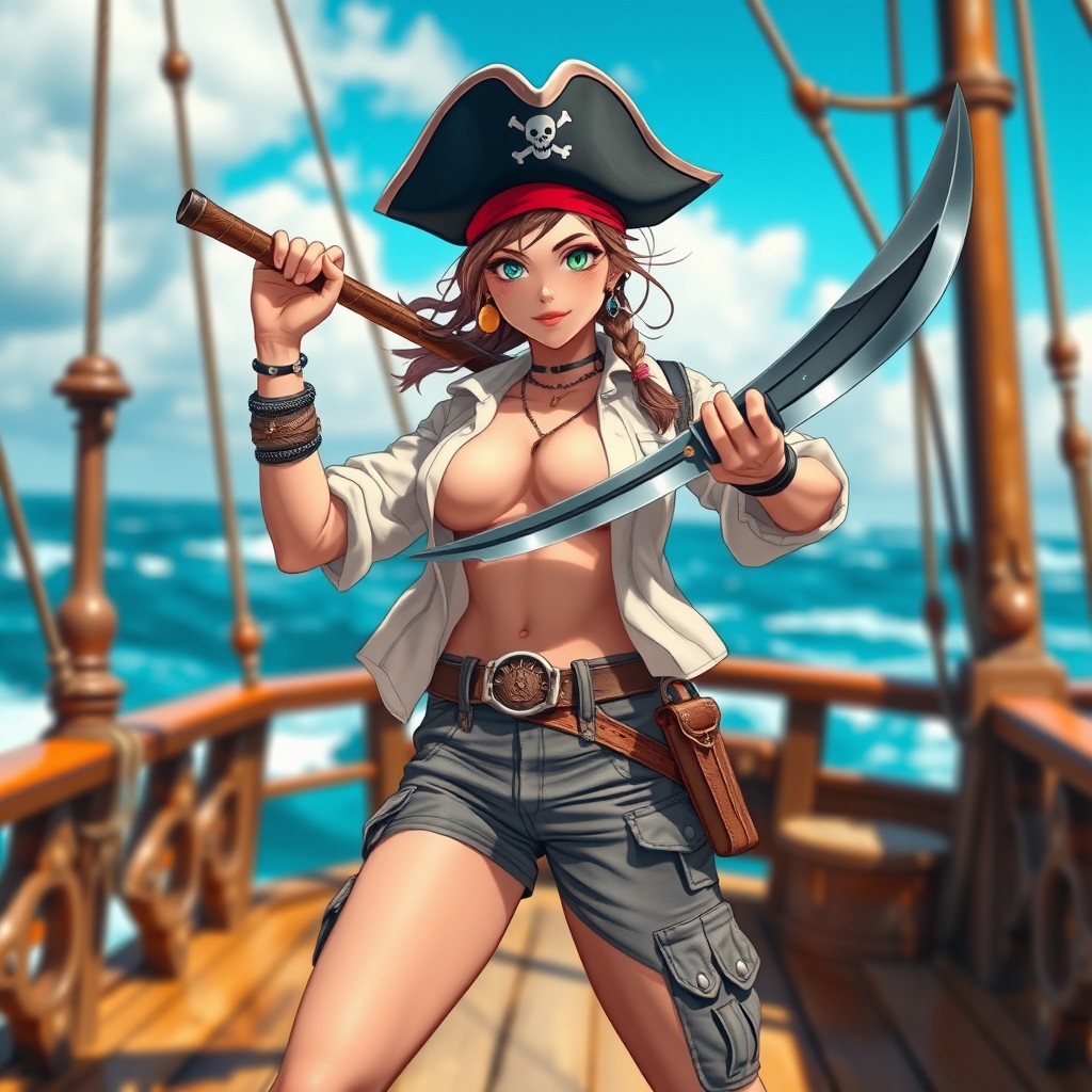 A striking pirate femboy with an open shirt that accentuates their pretty features and small tiddies, wearing stylish cargo shorts