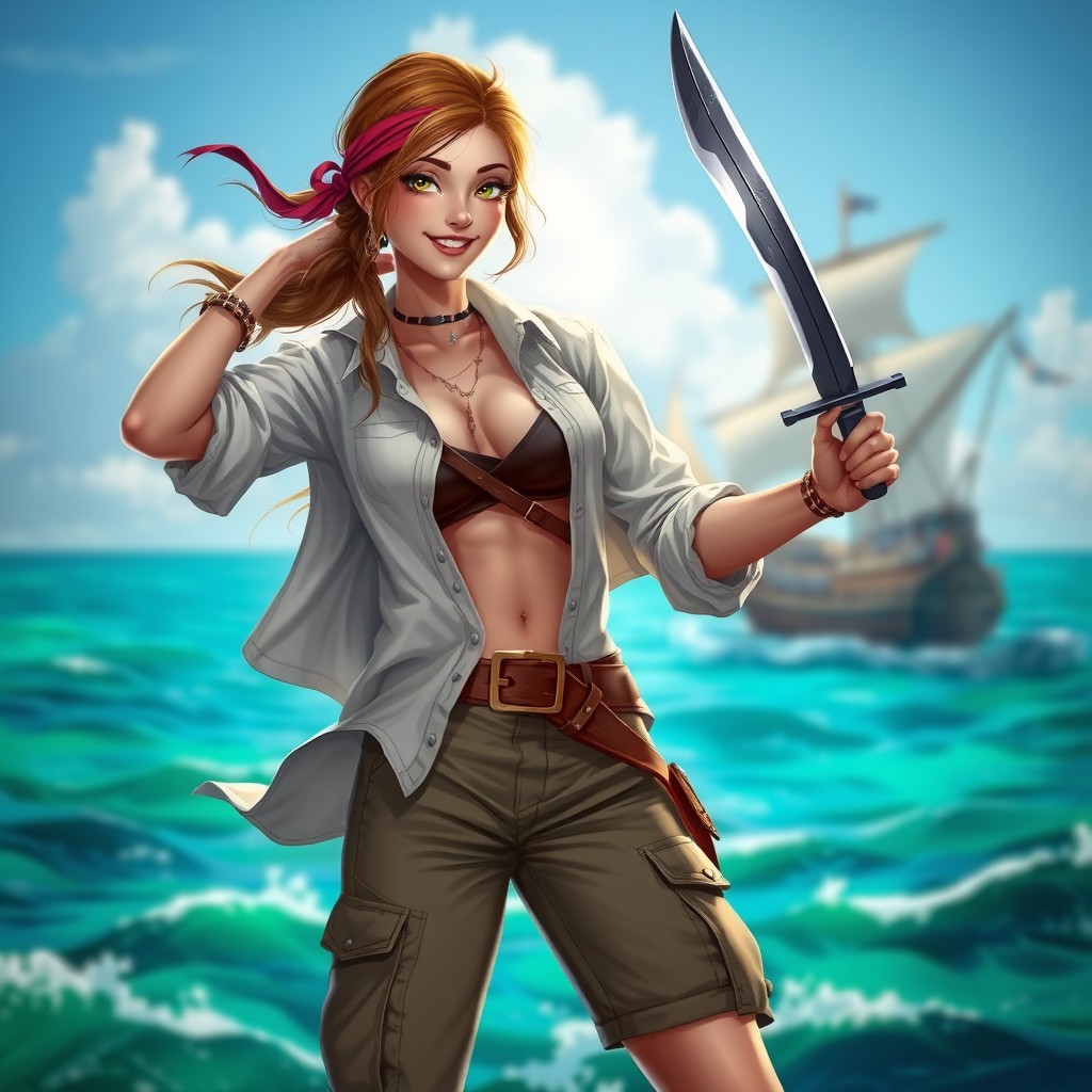 A beautiful female pirate with a charming smile, wearing an open shirt that gently flows with the sea breeze, showcasing her petite frame