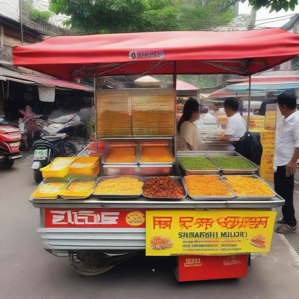 A traditional Indonesian food cart selling various affordable fried snacks, with a price indication of 1 million Rupiah.