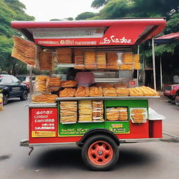 A traditional Indonesian food cart selling various affordable fried snacks, with a price indication of 1 million Rupiah.