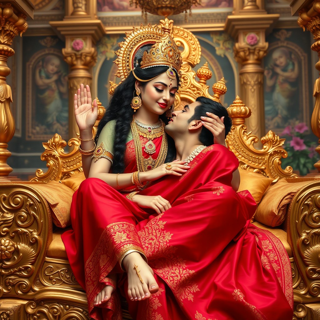 A beautiful divine Hindu Devi adorned with stunning jewellery, including intricate necklaces and nose rings, and wearing elegant payal on her feet