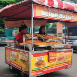 A traditional Indonesian food cart selling various affordable fried snacks, with a price indication of 1 million Rupiah.