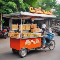 A traditional Indonesian food cart selling various affordable fried snacks, with a price indication of 1 million Rupiah.