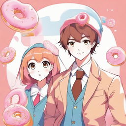 A sketch-style anime image of a suave boy and a charming girl, both wearing innovative costumes inspired by the iconic image of a colorful and delicious donut.