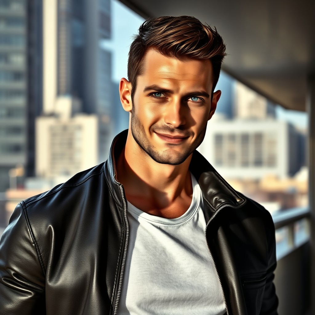 A handsome man with a chiseled jawline and captivating blue eyes, wearing a stylish leather jacket and a casual white t-shirt