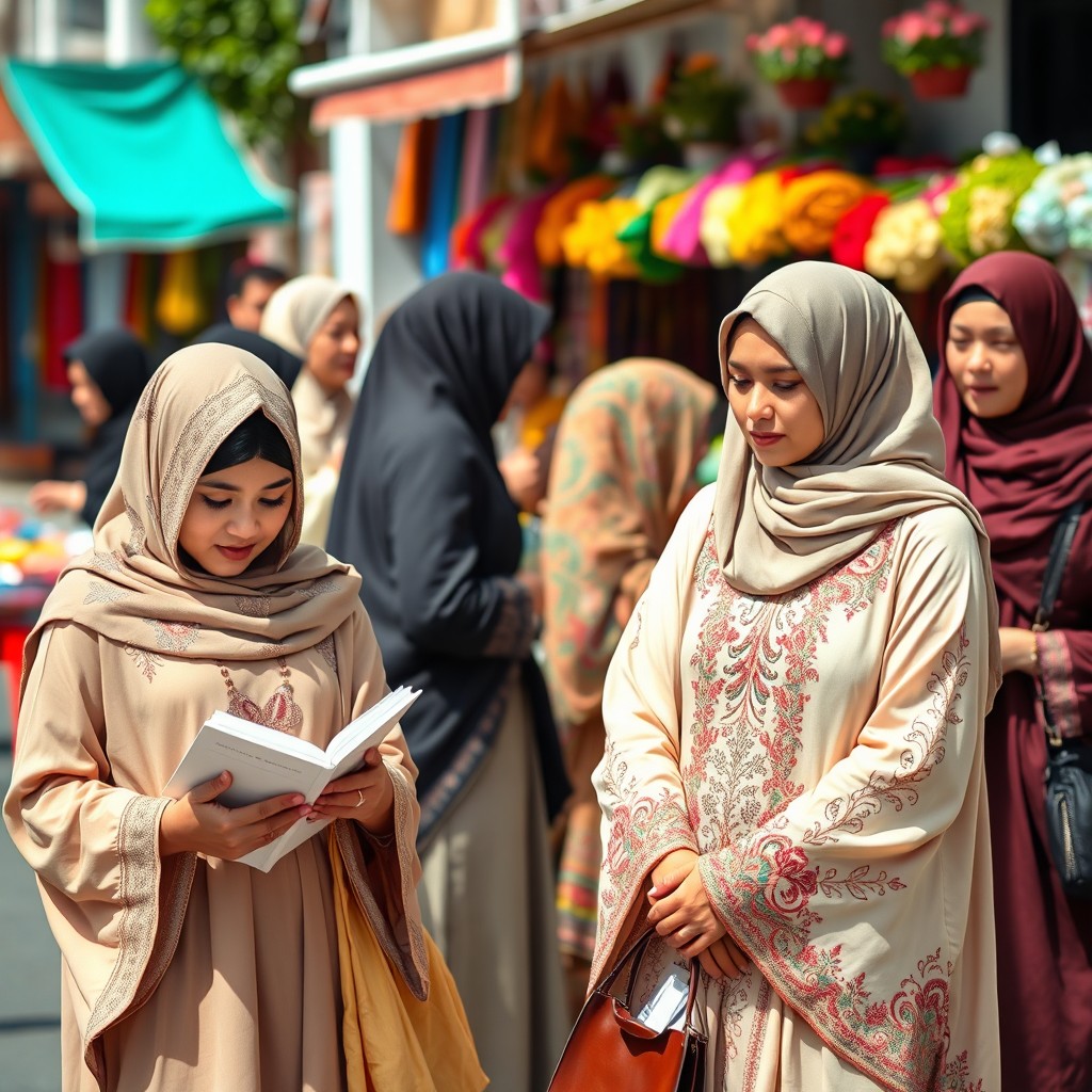 A dignified and elegant portrayal of Muslim women in various traditional outfits, showcasing diversity in style and culture