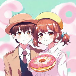 A sketch-style anime image of a suave boy and a charming girl, both wearing innovative costumes inspired by the iconic image of a colorful and delicious donut.