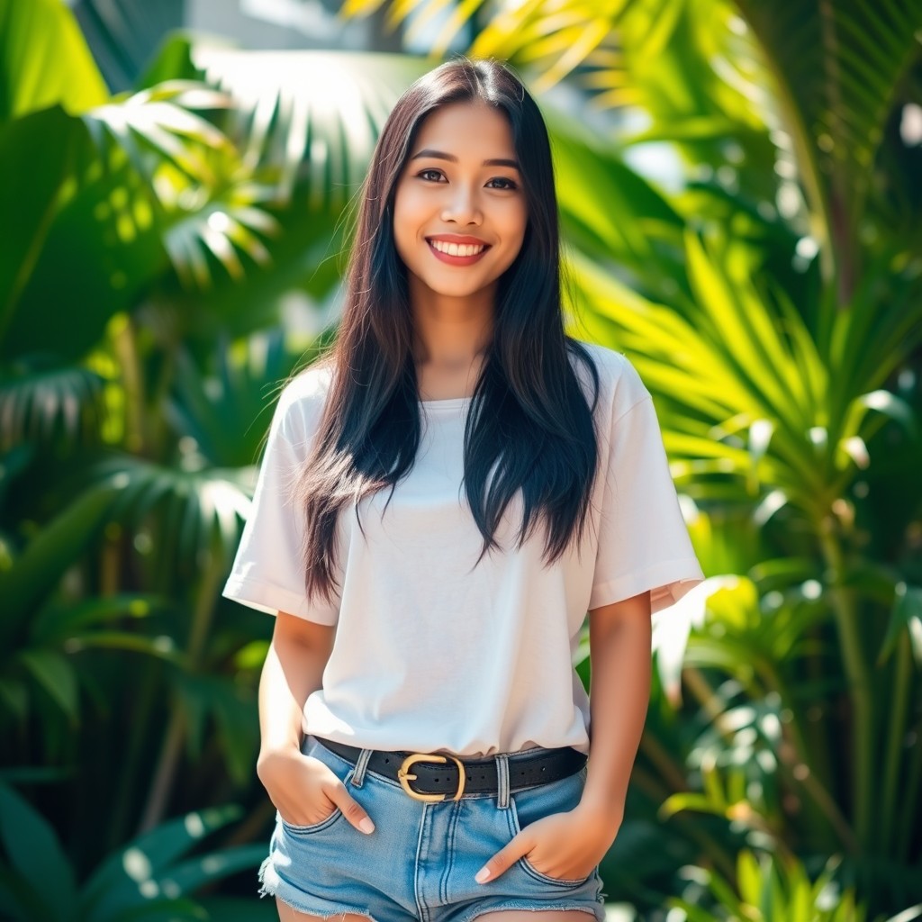 A beautiful Indonesian woman with long black hair, wearing a casual t-shirt and shorts