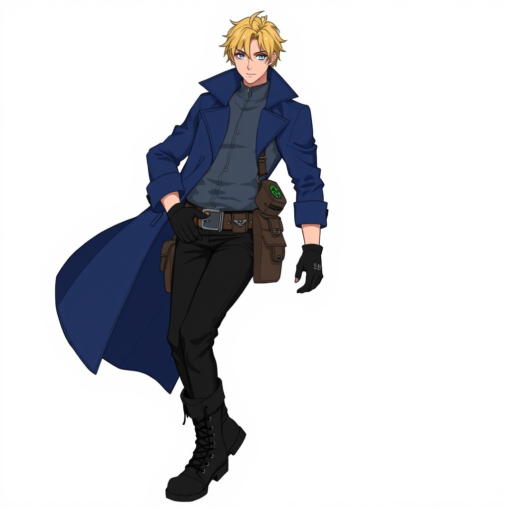 A character wearing a long, dunion blue coat over a gray blue shirt