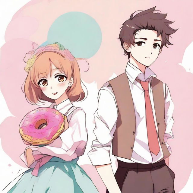 A sketch-style anime image of a suave boy and a charming girl, both wearing innovative costumes inspired by the iconic image of a colorful and delicious donut.