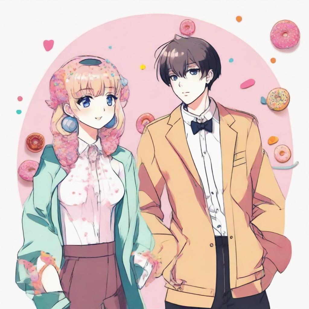 A sketch-style anime image of a suave boy and a charming girl, both wearing innovative costumes inspired by the iconic image of a colorful and delicious donut.