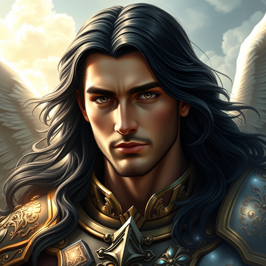 A stunning portrayal of the Archangel Michael, showcasing his handsome face with striking features