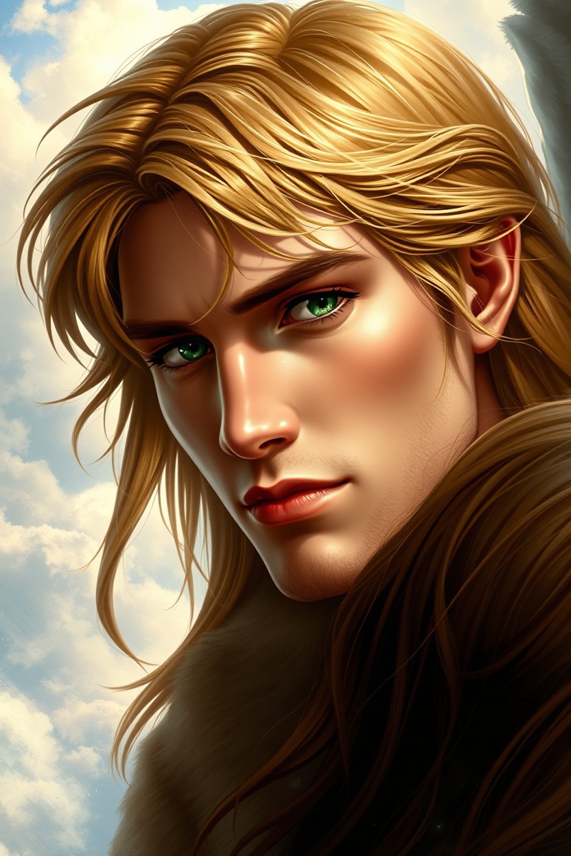 A realistic depiction of the handsome archangel Lucifer, featuring long shiny dark golden hair and striking green eyes
