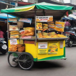 A vibrant traditional Indonesian food cart selling assorted fried snacks, clearly marked with a price of 1 million Rupiah.