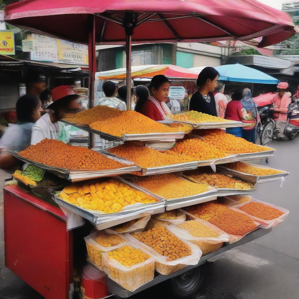 A vibrant traditional Indonesian food cart selling assorted fried snacks, clearly marked with a price of 1 million Rupiah.