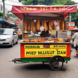 A vibrant traditional Indonesian food cart selling assorted fried snacks, clearly marked with a price of 1 million Rupiah.