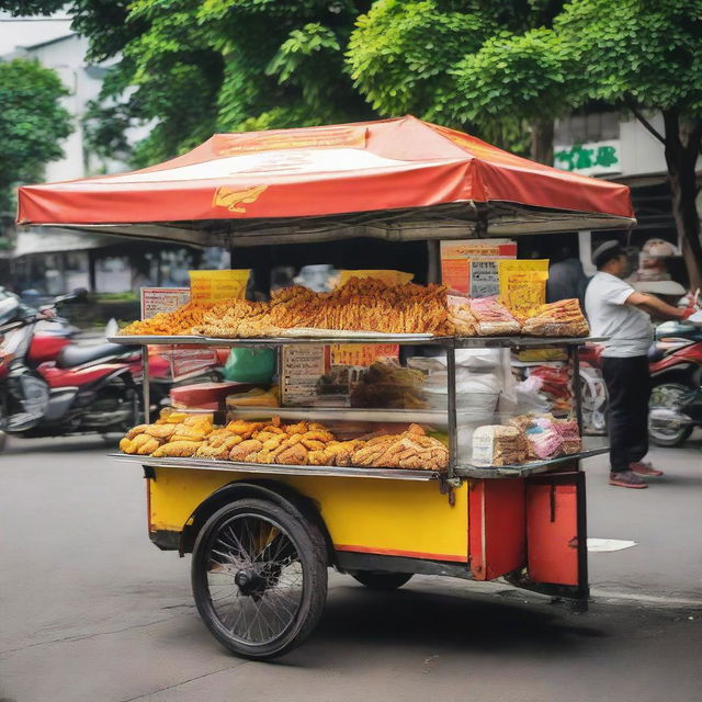 A vibrant traditional Indonesian food cart selling assorted fried snacks, clearly marked with a price of 1 million Rupiah.