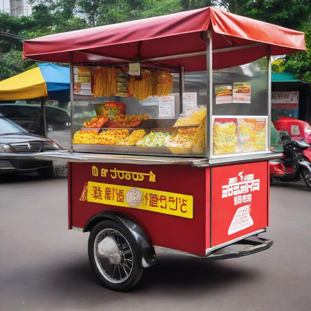 A brightly colored, clean and hygienic Indonesian food cart selling assorted fried snacks, marked with the affordable price of 1 million Rupiah.