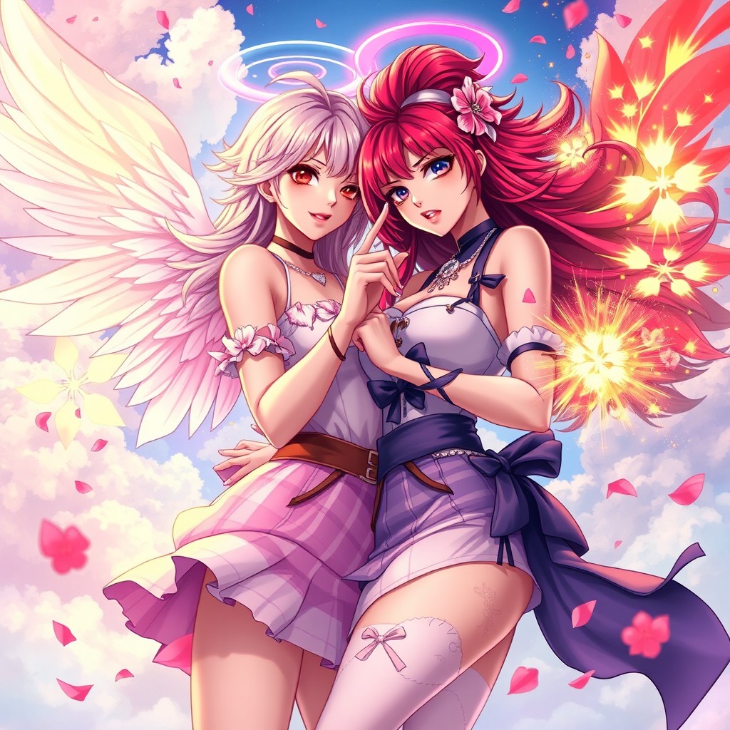 A vibrant and dynamic depiction of two female characters inspired by the styles of angelic and fiery themes