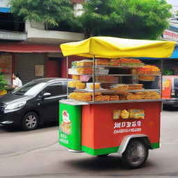 A brightly colored, clean and hygienic Indonesian food cart selling assorted fried snacks, marked with the affordable price of 1 million Rupiah.