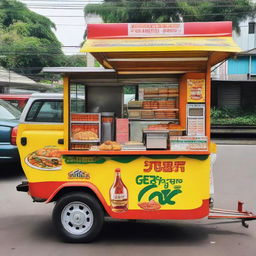 A brightly colored, clean and hygienic Indonesian food cart selling assorted fried snacks, marked with the affordable price of 1 million Rupiah.