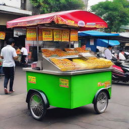 A brightly colored, clean and hygienic Indonesian food cart selling assorted fried snacks, marked with the affordable price of 1 million Rupiah.