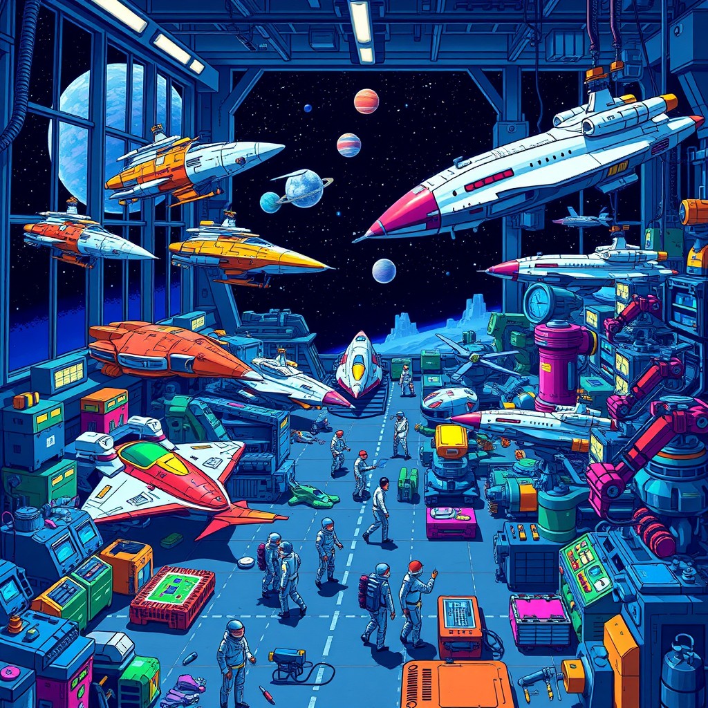 A vibrant and detailed pixel art scene depicting a futuristic spaceship factory