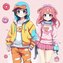 Anime sketch of a cool boy and cute girl, both adorned in inventive, donut-inspired outfits brimming with color and charisma.