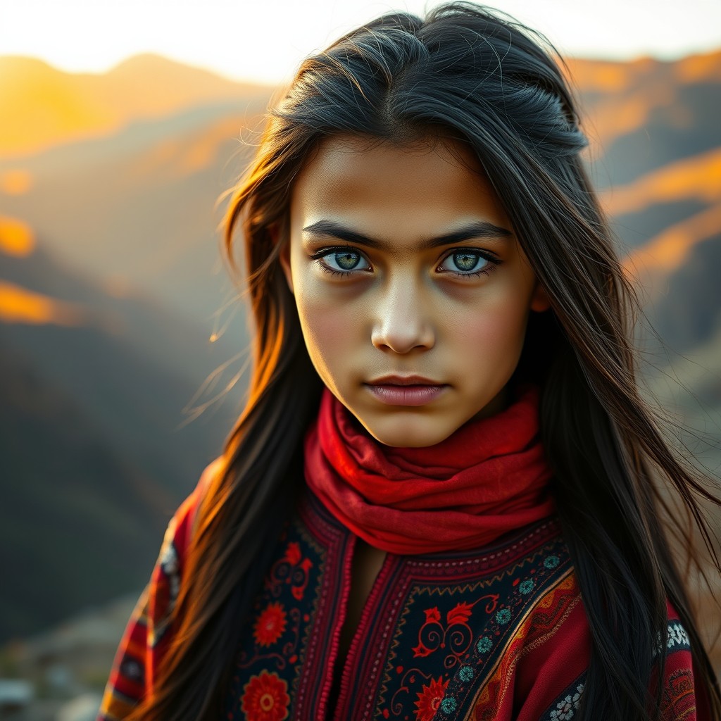 A stunning portrait of an Afghan girl with striking green eyes and long, flowing black hair, wearing a vibrant traditional Afghan dress adorned with intricate patterns