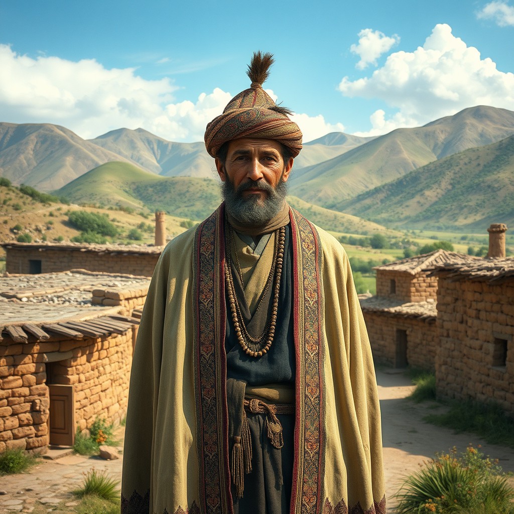 A detailed depiction of a Aimaq man showcasing his traditional attire, complete with a richly embroidered cloak and a distinctive hat, standing in a picturesque Aimaq village setting surrounded by traditional mud-brick houses