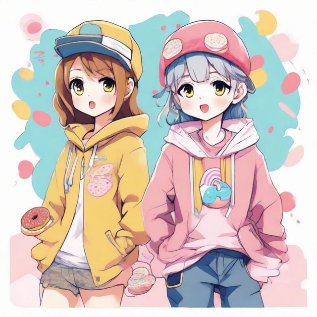 Anime sketch of a cool boy and cute girl, both adorned in inventive, donut-inspired outfits brimming with color and charisma.