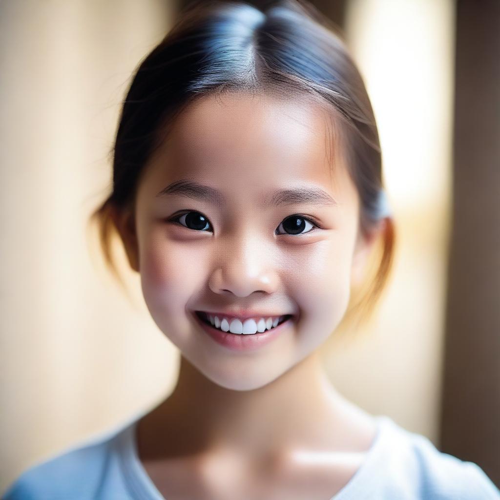 A high-quality, close-up photograph of a young Asian girl's face