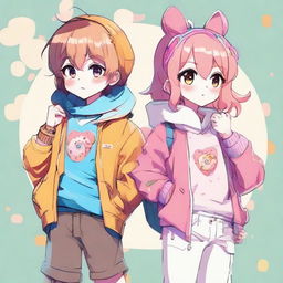 Anime sketch of a cool boy and cute girl, both adorned in inventive, donut-inspired outfits brimming with color and charisma.