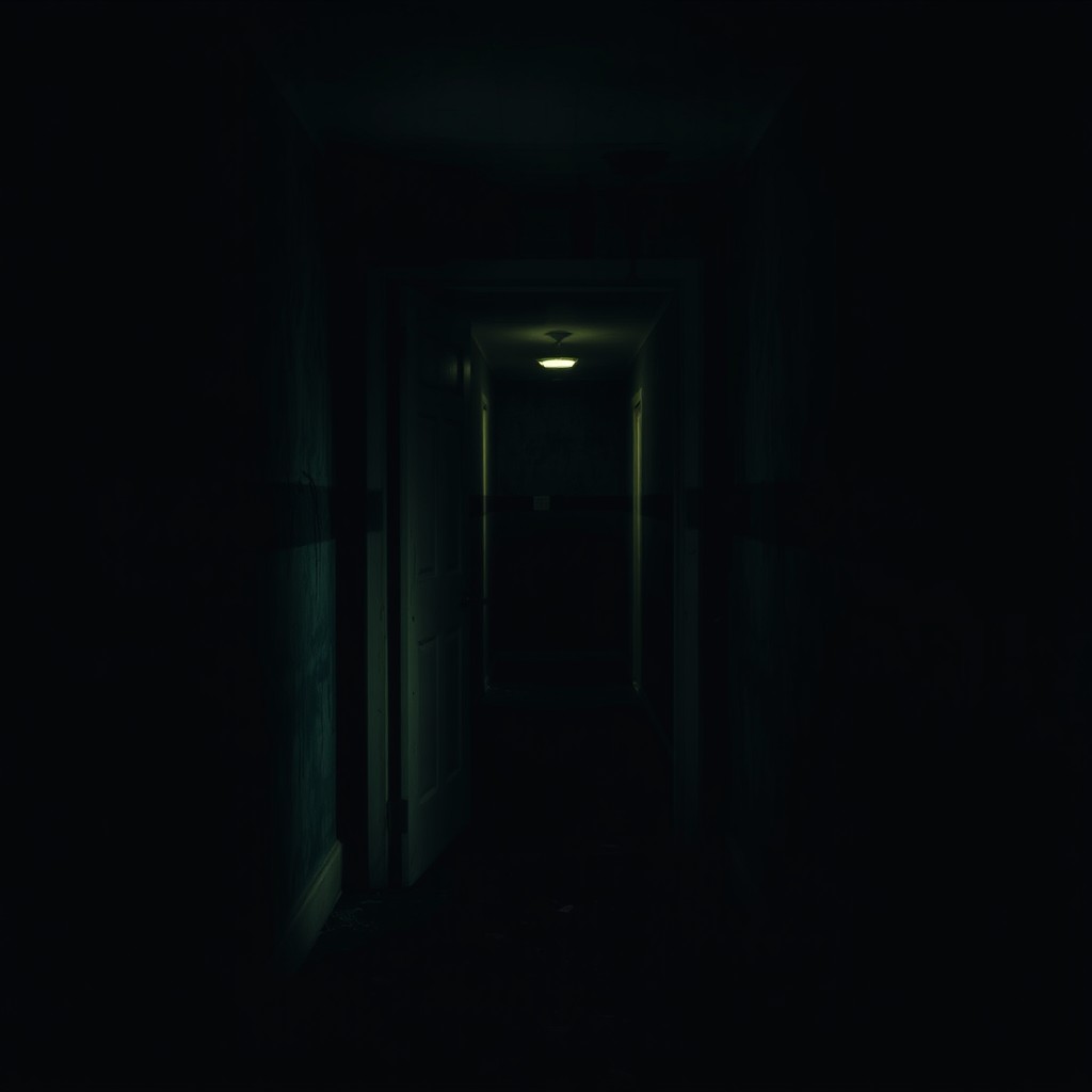 A hauntingly atmospheric corridor in an abandoned psych room, with a focus on an open door revealing the eerie space