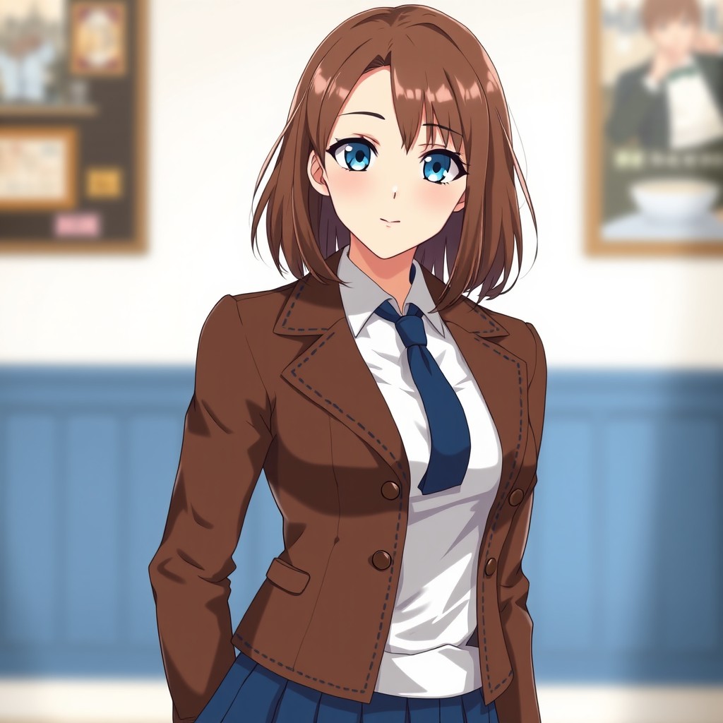 An anime adult petite woman with white pale skin and a bust size of 36 DD