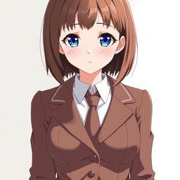 An anime adult petite woman with white pale skin and a bust size of 36 DD