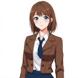 An anime adult petite woman with white pale skin and a bust size of 36 DD