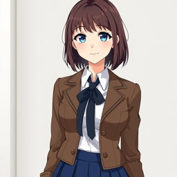 An anime adult petite woman with white pale skin and a bust size of 36 DD