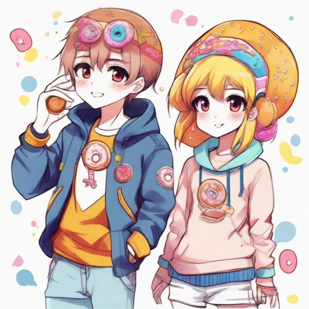 Anime sketch of a cool boy and cute girl, both adorned in inventive, donut-inspired outfits brimming with color and charisma.