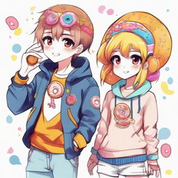 Anime sketch of a cool boy and cute girl, both adorned in inventive, donut-inspired outfits brimming with color and charisma.