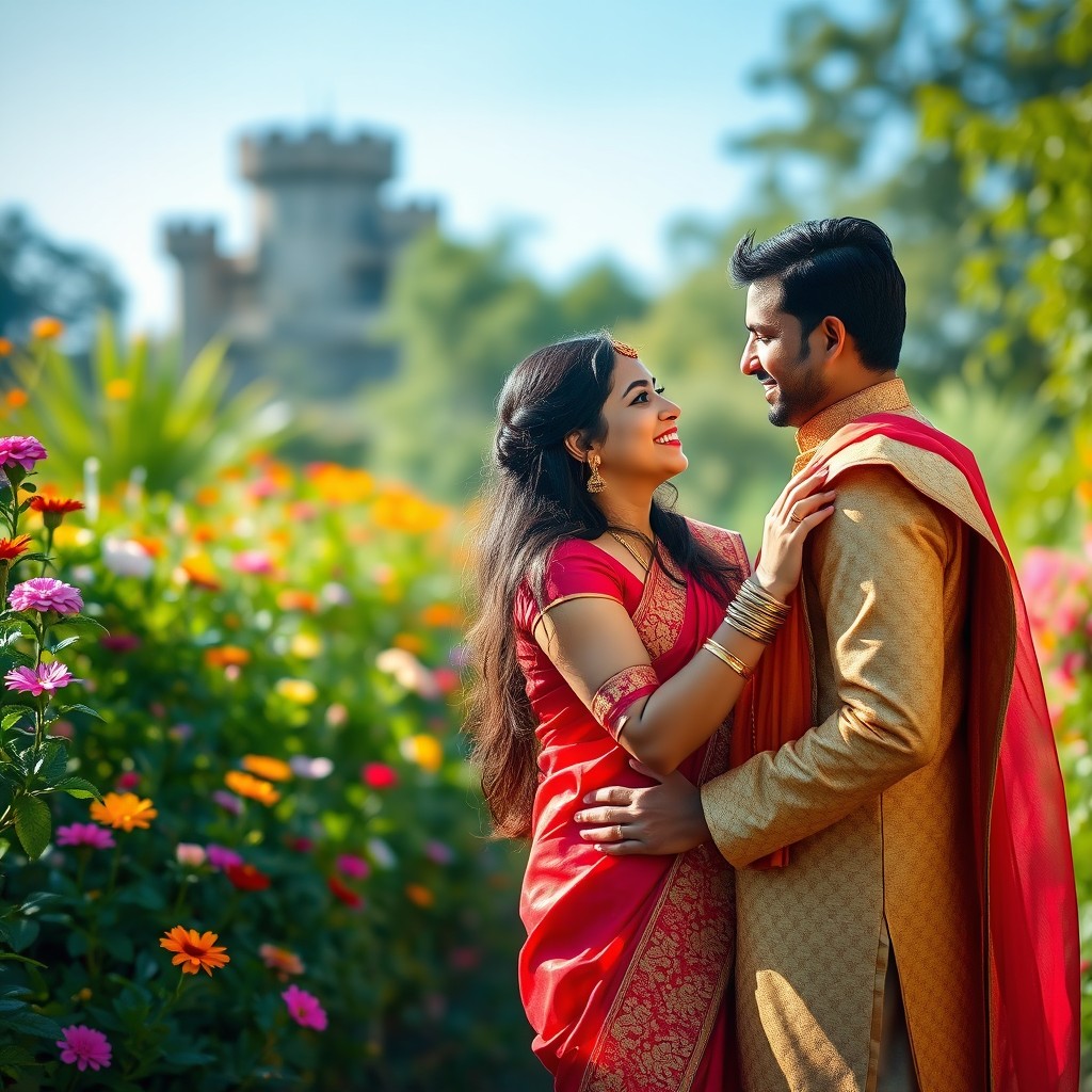 A romantic scene depicting a couple of Indian heritage in traditional attire, standing close together in a lush green garden
