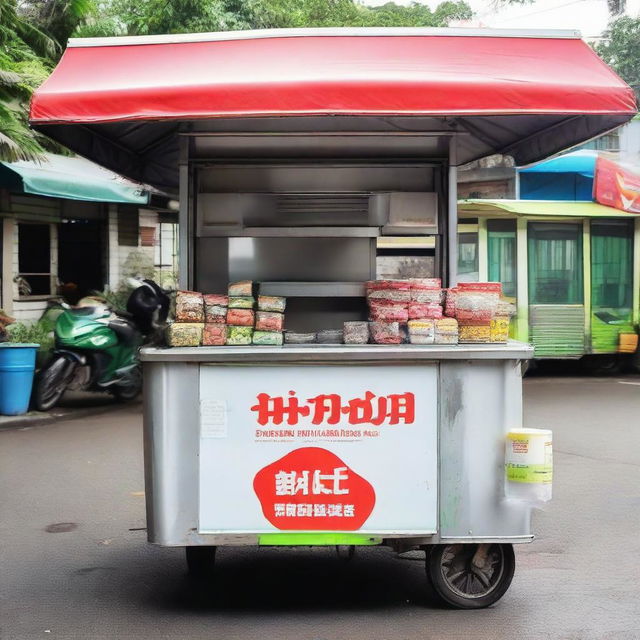 A clean, empty Indonesian food cart, renowned for selling hygienic fried snacks, brightly marked with a price of 1 million Rupiah but currently without any snacks.