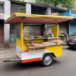 A clean, empty Indonesian food cart, renowned for selling hygienic fried snacks, brightly marked with a price of 1 million Rupiah but currently without any snacks.