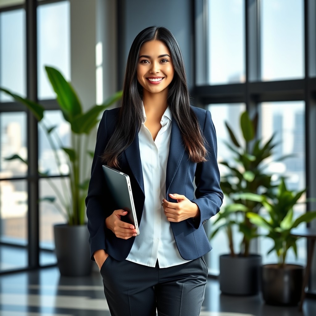 A pretty corporate lady standing confidently in a modern office space