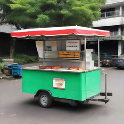 A clean, empty Indonesian food cart, renowned for selling hygienic fried snacks, brightly marked with a price of 1 million Rupiah but currently without any snacks.