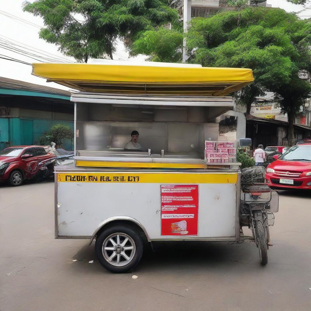 A clean, empty Indonesian food cart, renowned for selling hygienic fried snacks, brightly marked with a price of 1 million Rupiah but currently without any snacks.