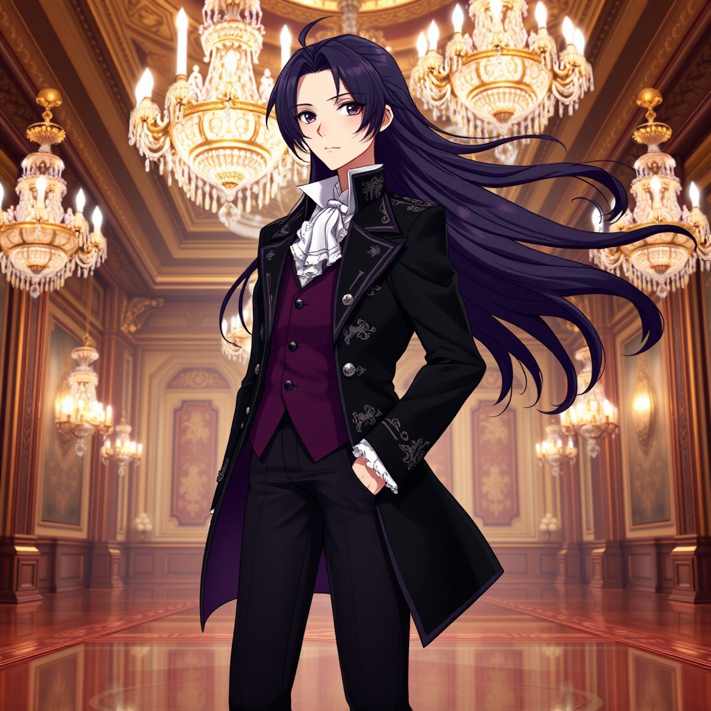 An anime character featuring long, flowing dark hair, elegantly styled in a manner befitting an 18th-century aristocrat
