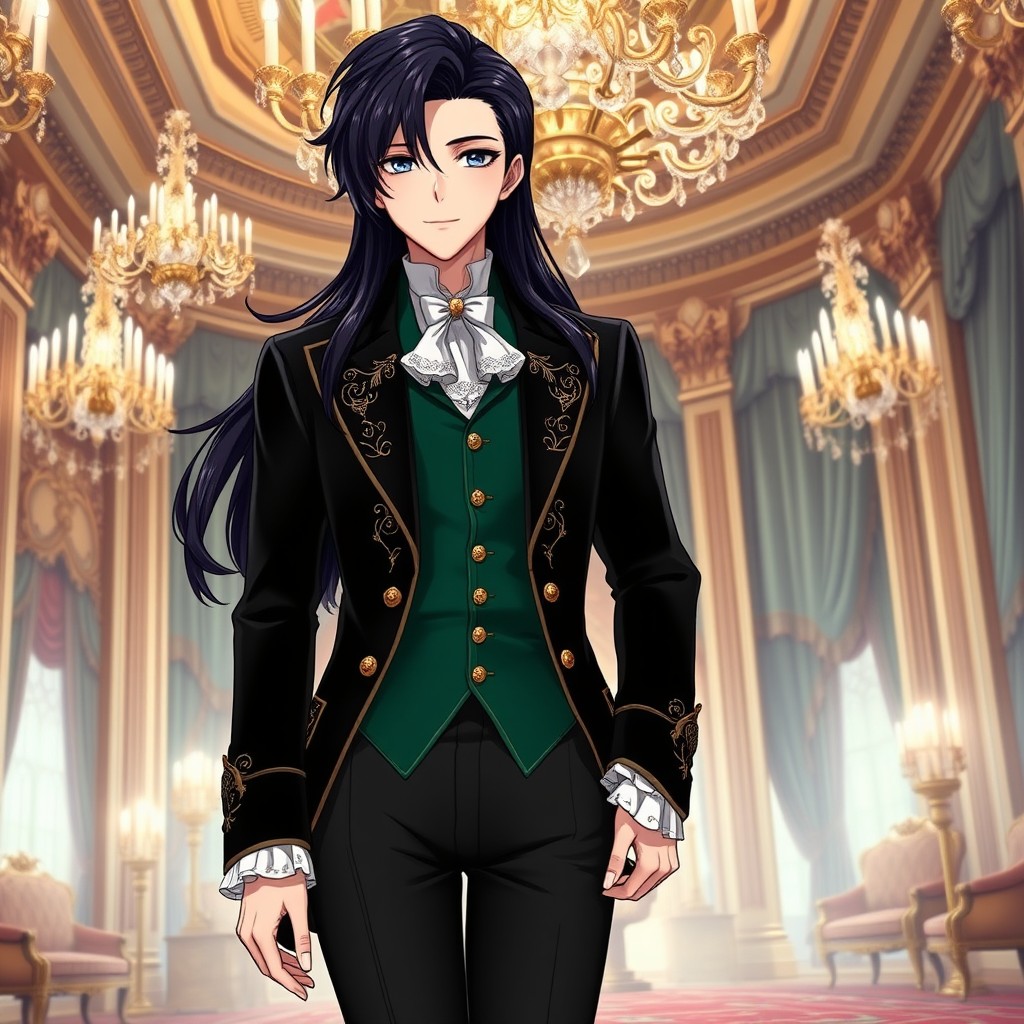An anime character featuring luxurious long dark hair, elegantly styled in a sophisticated way resembling the 18th-century aristocratic fashion